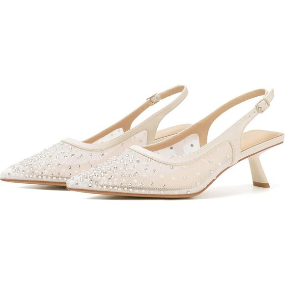 Women's Beige Pearl Pointed Toe Pumps Patent Leather Slingback Heels With Buckle - Picture 9 of 9